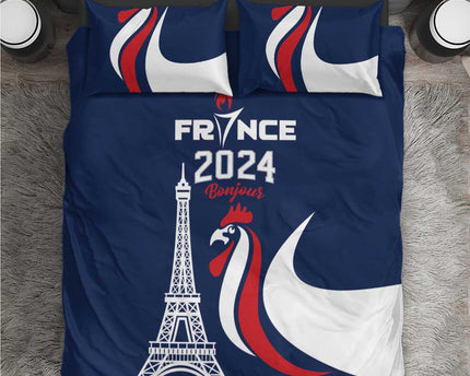 France 2024 Bonjour Bedding Set Eiffel Tower Gallic Rooster