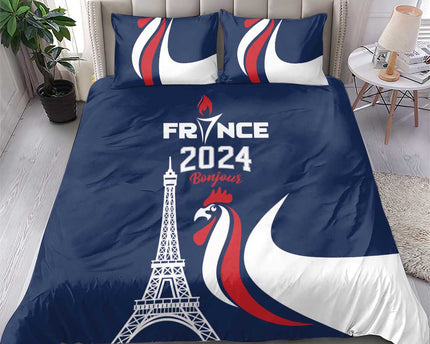 France 2024 Bonjour Bedding Set Eiffel Tower Gallic Rooster