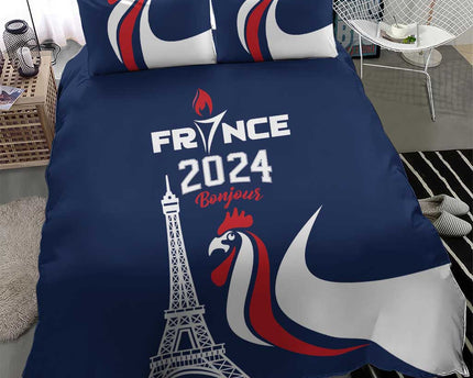 France 2024 Bonjour Bedding Set Eiffel Tower Gallic Rooster
