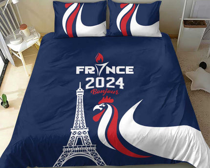 France 2024 Bonjour Bedding Set Eiffel Tower Gallic Rooster