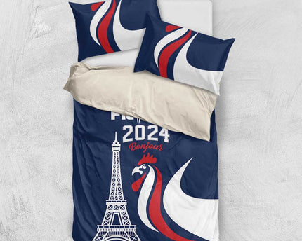France 2024 Bonjour Bedding Set Eiffel Tower Gallic Rooster