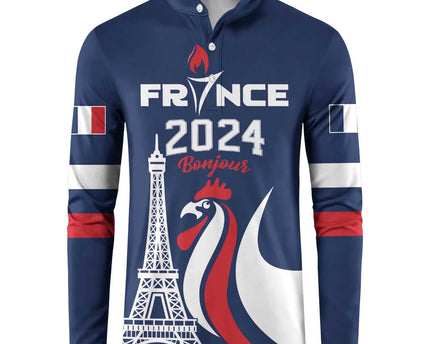 Personalized France 2024 Bonjour Button Sweatshirt Eiffel Tower Gallic Rooster