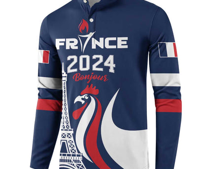 Personalized France 2024 Bonjour Button Sweatshirt Eiffel Tower Gallic Rooster