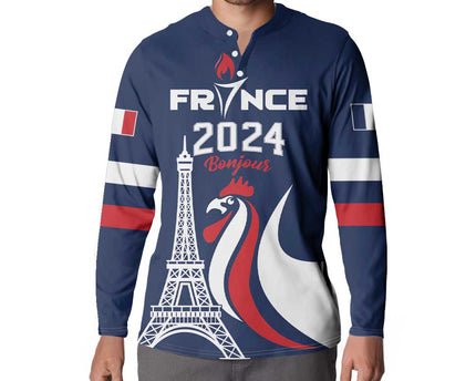 Personalized France 2024 Bonjour Button Sweatshirt Eiffel Tower Gallic Rooster