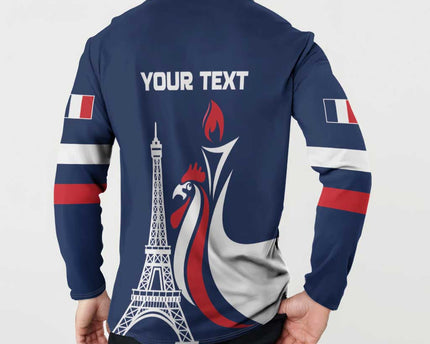 Personalized France 2024 Bonjour Button Sweatshirt Eiffel Tower Gallic Rooster