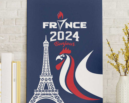 France 2024 Bonjour Canvas Wall Art Eiffel Tower Gallic Rooster