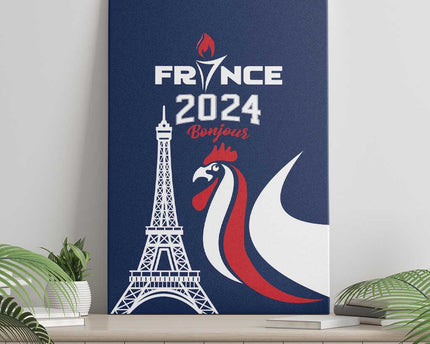 France 2024 Bonjour Canvas Wall Art Eiffel Tower Gallic Rooster