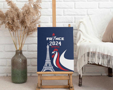 France 2024 Bonjour Canvas Wall Art Eiffel Tower Gallic Rooster