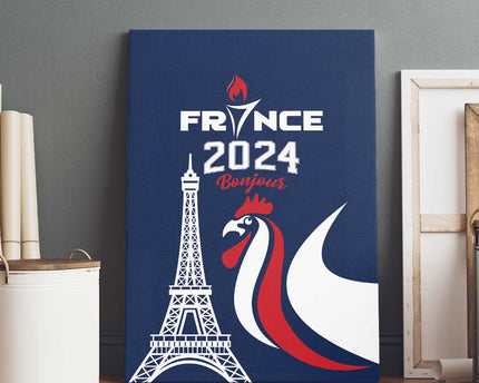 France 2024 Bonjour Canvas Wall Art Eiffel Tower Gallic Rooster