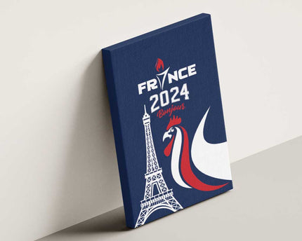 France 2024 Bonjour Canvas Wall Art Eiffel Tower Gallic Rooster