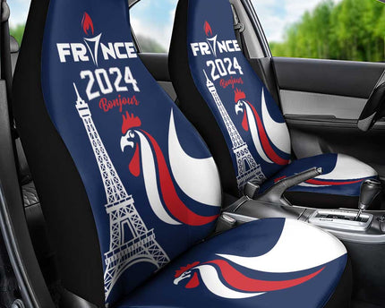 France 2024 Bonjour Car Seat Cover Eiffel Tower Gallic Rooster