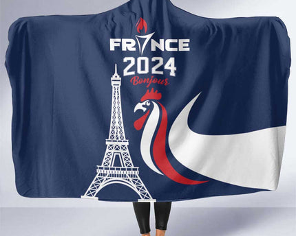 France 2024 Bonjour Hooded Blanket Eiffel Tower Gallic Rooster