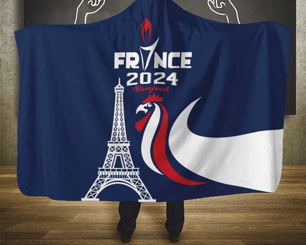 France 2024 Bonjour Hooded Blanket Eiffel Tower Gallic Rooster