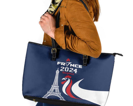 France 2024 Bonjour Leather Tote Bag Eiffel Tower Gallic Rooster