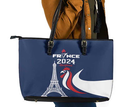 France 2024 Bonjour Leather Tote Bag Eiffel Tower Gallic Rooster