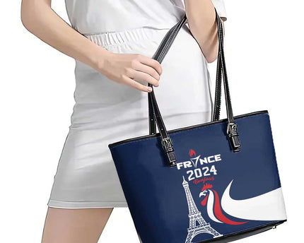 France 2024 Bonjour Leather Tote Bag Eiffel Tower Gallic Rooster