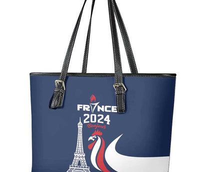 France 2024 Bonjour Leather Tote Bag Eiffel Tower Gallic Rooster