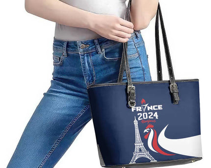 France 2024 Bonjour Leather Tote Bag Eiffel Tower Gallic Rooster