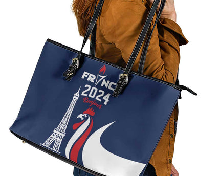 France 2024 Bonjour Leather Tote Bag Eiffel Tower Gallic Rooster