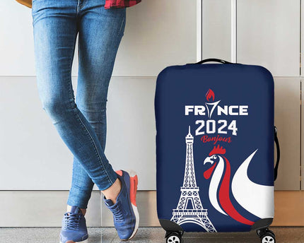 France 2024 Bonjour Luggage Cover Eiffel Tower Gallic Rooster