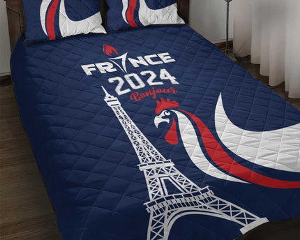 France 2024 Bonjour Quilt Bed Set Eiffel Tower Gallic Rooster