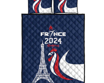 France 2024 Bonjour Quilt Bed Set Eiffel Tower Gallic Rooster