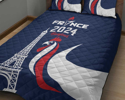 France 2024 Bonjour Quilt Bed Set Eiffel Tower Gallic Rooster