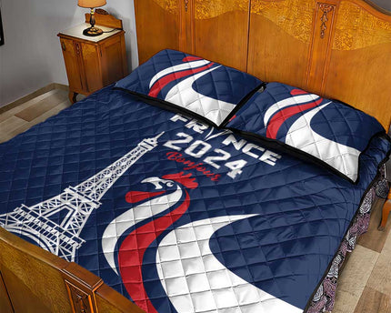 France 2024 Bonjour Quilt Bed Set Eiffel Tower Gallic Rooster