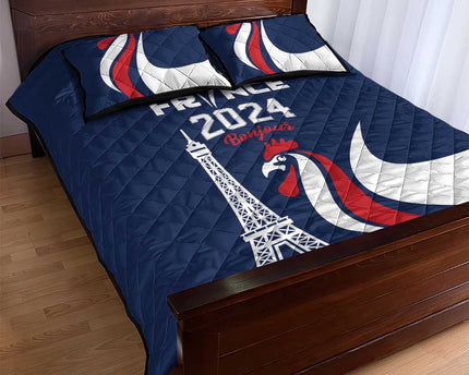 France 2024 Bonjour Quilt Bed Set Eiffel Tower Gallic Rooster