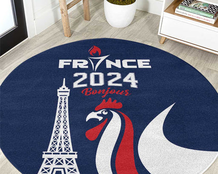 France 2024 Bonjour Round Carpet Eiffel Tower Gallic Rooster