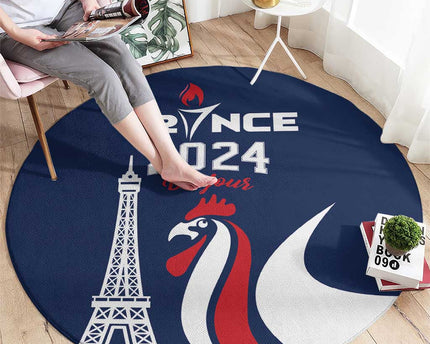 France 2024 Bonjour Round Carpet Eiffel Tower Gallic Rooster