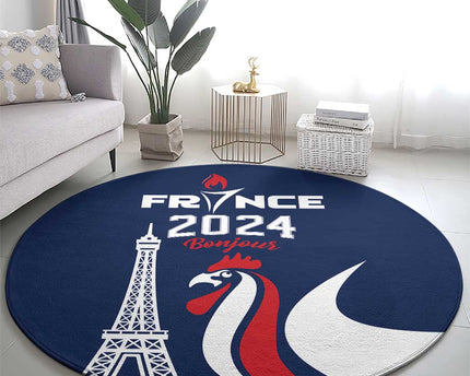 France 2024 Bonjour Round Carpet Eiffel Tower Gallic Rooster