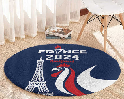 France 2024 Bonjour Round Carpet Eiffel Tower Gallic Rooster