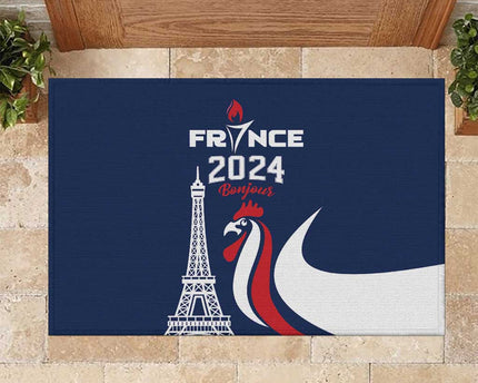 France 2024 Bonjour Rubber Doormat Eiffel Tower Gallic Rooster