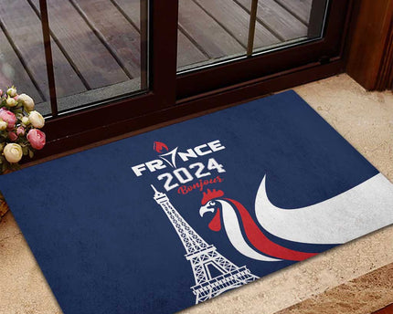 France 2024 Bonjour Rubber Doormat Eiffel Tower Gallic Rooster