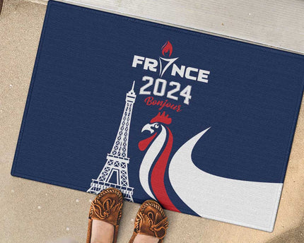 France 2024 Bonjour Rubber Doormat Eiffel Tower Gallic Rooster