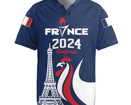 Personalized France 2024 Bonjour Rugby Jersey Eiffel Tower Gallic Rooster