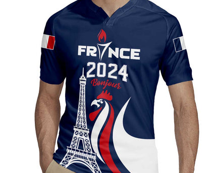 Personalized France 2024 Bonjour Rugby Jersey Eiffel Tower Gallic Rooster
