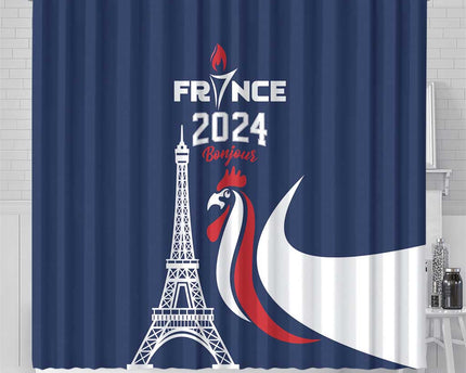 France 2024 Bonjour Shower Curtain Eiffel Tower Gallic Rooster