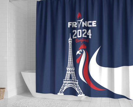 France 2024 Bonjour Shower Curtain Eiffel Tower Gallic Rooster