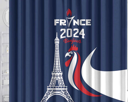 France 2024 Bonjour Shower Curtain Eiffel Tower Gallic Rooster