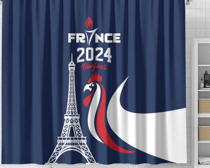 France 2024 Bonjour Shower Curtain Eiffel Tower Gallic Rooster