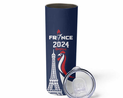 Personalized France 2024 Bonjour Skinny Tumbler Eiffel Tower Gallic Rooster