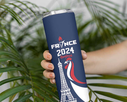 Personalized France 2024 Bonjour Skinny Tumbler Eiffel Tower Gallic Rooster