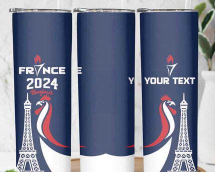 Personalized France 2024 Bonjour Skinny Tumbler Eiffel Tower Gallic Rooster
