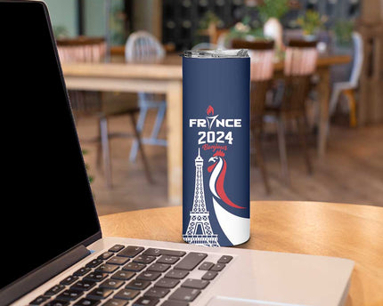 Personalized France 2024 Bonjour Skinny Tumbler Eiffel Tower Gallic Rooster