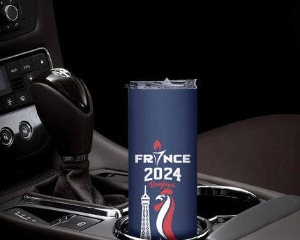 Personalized France 2024 Bonjour Skinny Tumbler Eiffel Tower Gallic Rooster