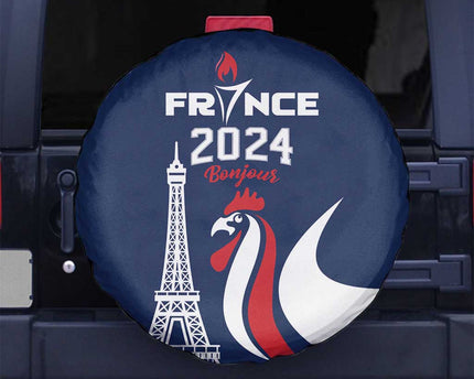 France 2024 Bonjour Spare Tire Cover Eiffel Tower Gallic Rooster
