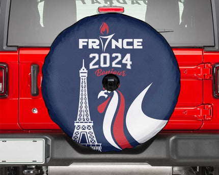 France 2024 Bonjour Spare Tire Cover Eiffel Tower Gallic Rooster