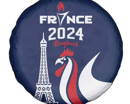 France 2024 Bonjour Spare Tire Cover Eiffel Tower Gallic Rooster